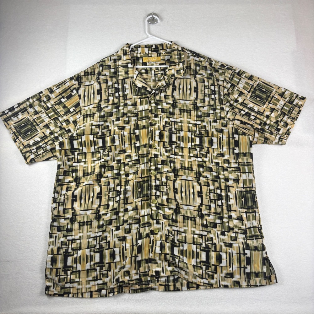 Silver Silk Mens 3X‎ Abstract Geometric Camp Shirt Olive Green Black Button Up